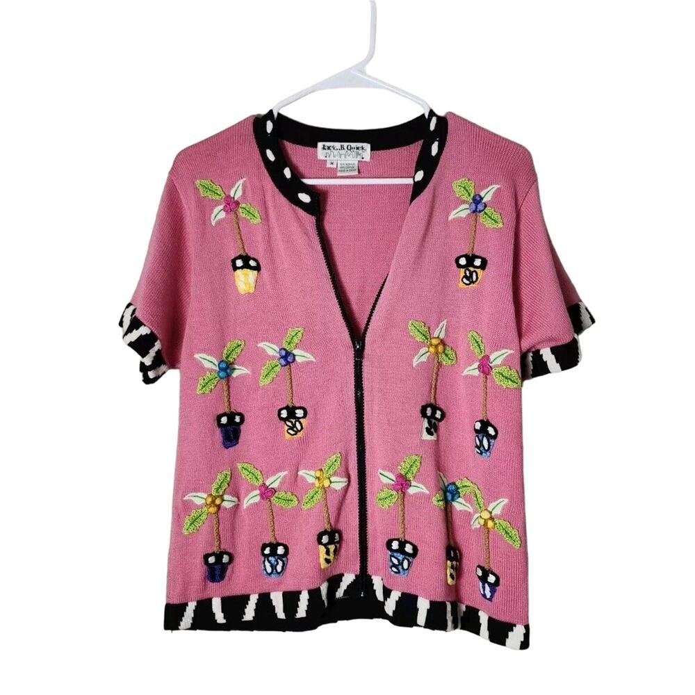 Jack‎ B. Quick Sweater Size M Pink Full Zip Short Sleeve Knit Plants Embroidered